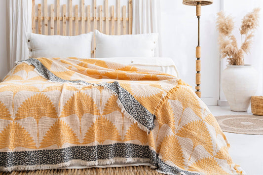 Crane Muslin Bed Blanket King Size, (Mustard)