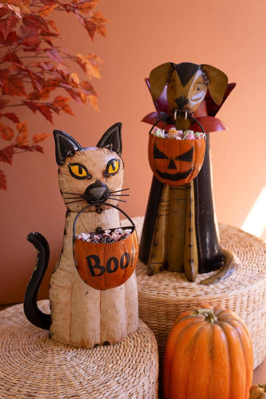 SET OF TWO RECYCLED METAL HALLOWEEN CAT AND  DOG