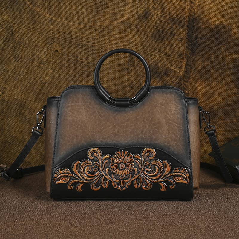 Embossed Leather Top Handle Satchel Bag with Round Handle