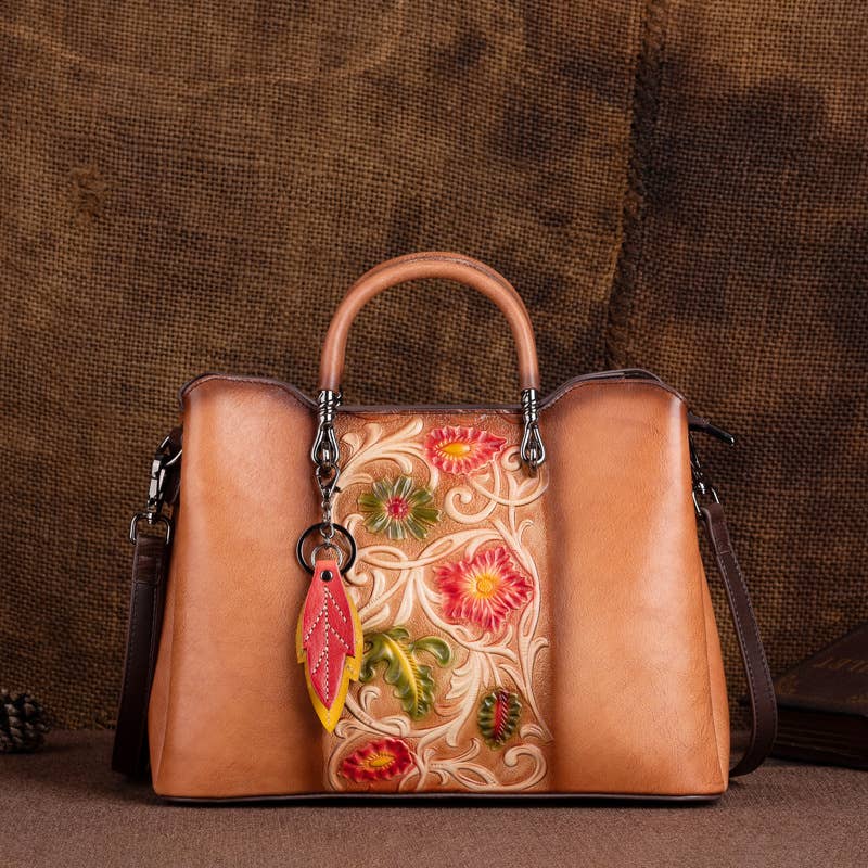 Floral Embossed Leather Handbag with Top Handle and Strap