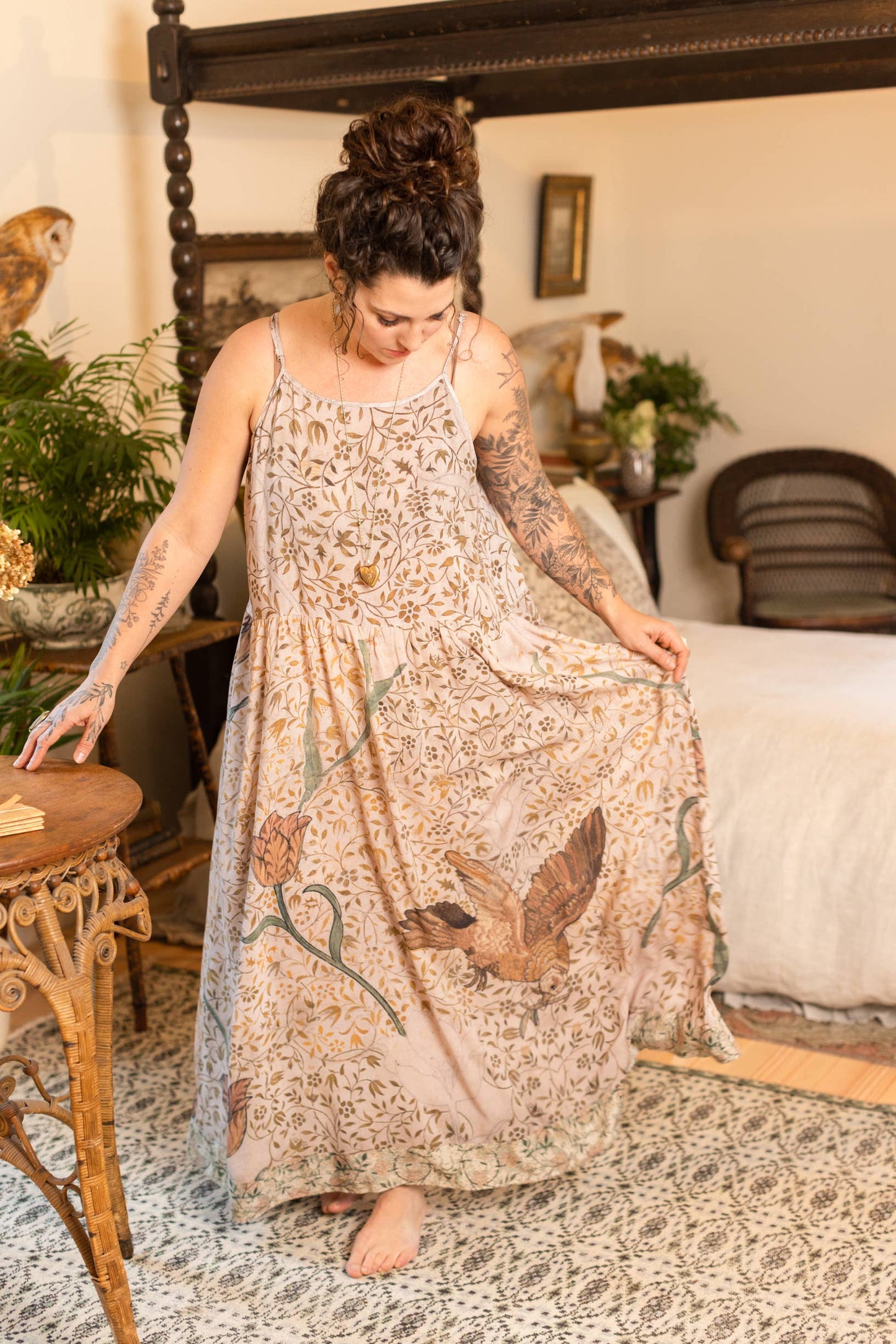 Folklore Bohéme Long Maxi Slip Dress w/ Bird of Peace Art