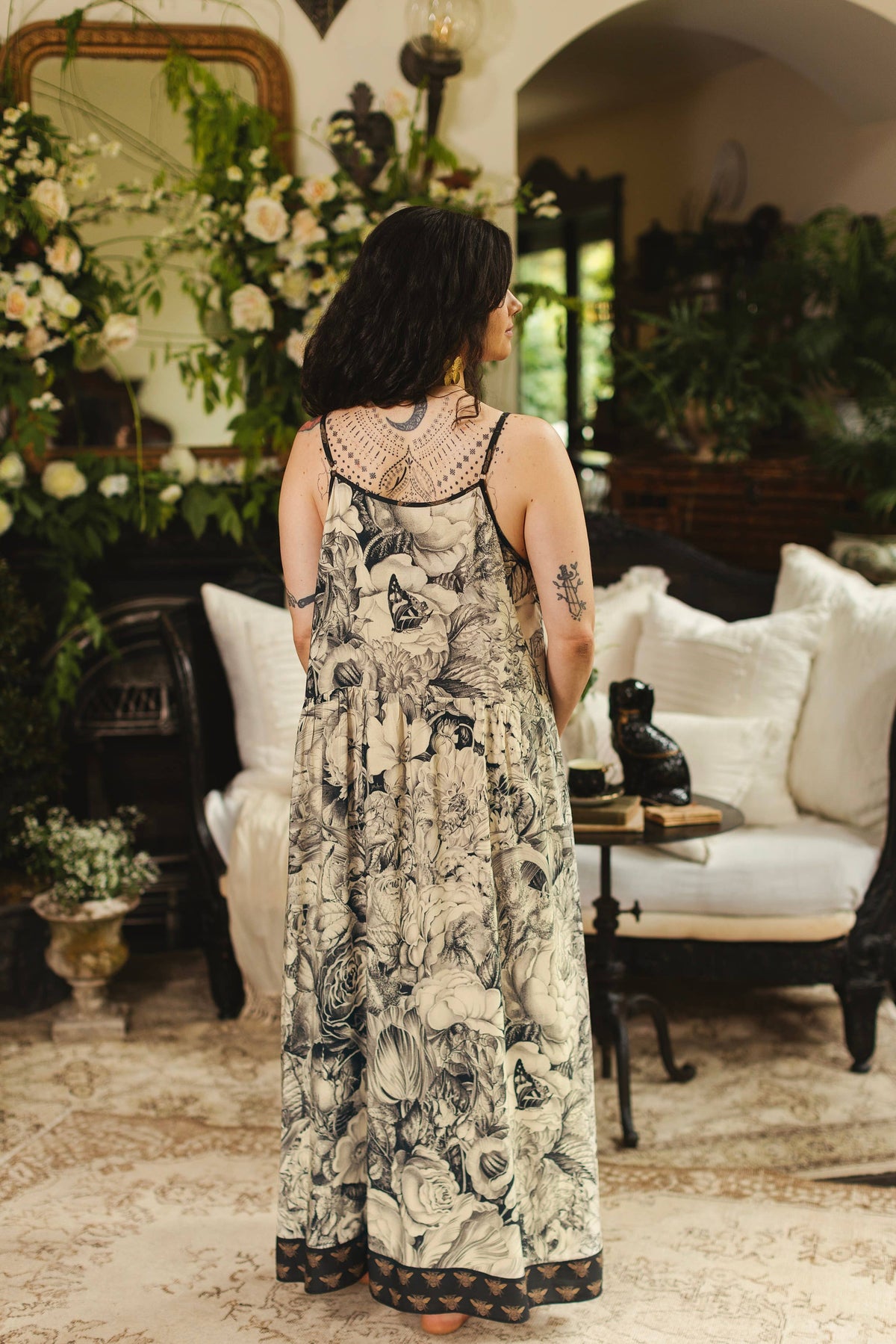 Honey & The Moon Bohéme Maxi Slip Dress w/ Florals & Bees