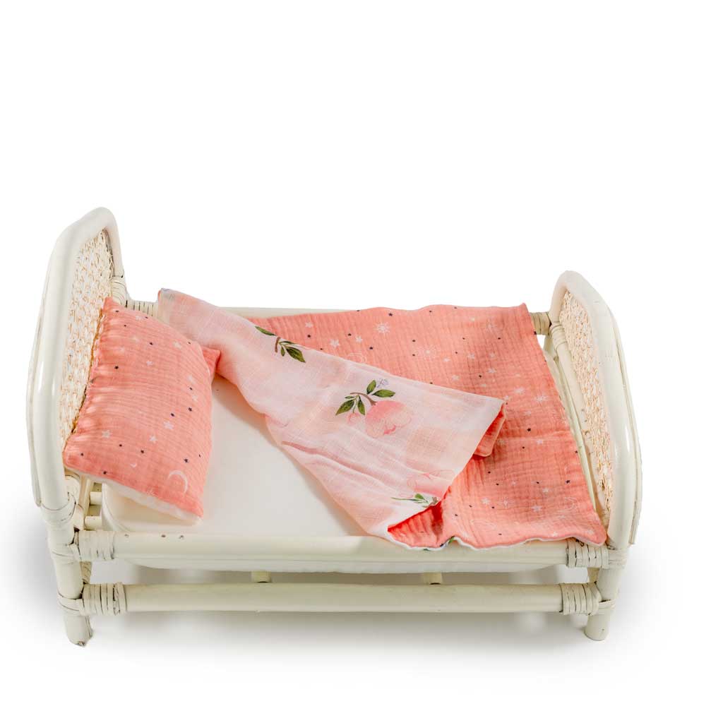 Doll bed vintage white rattan
