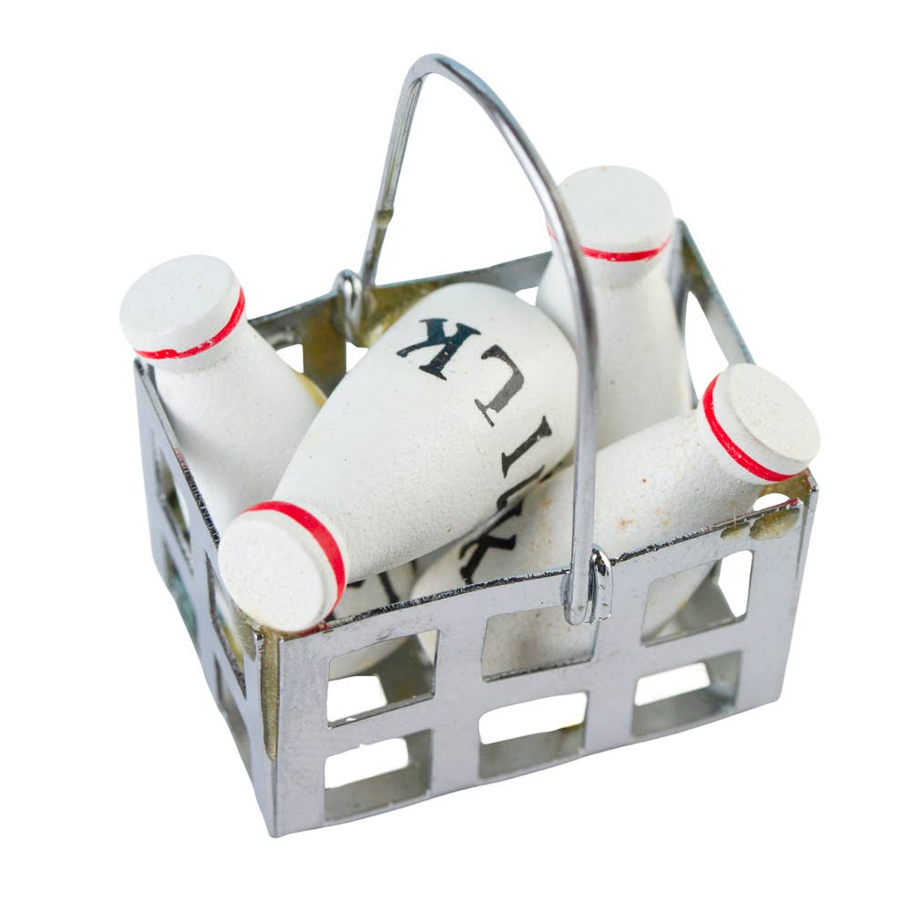 Mini Milk Jug Bottles in Metal Caddy (1" L x 3/4" W x 3/4"H)