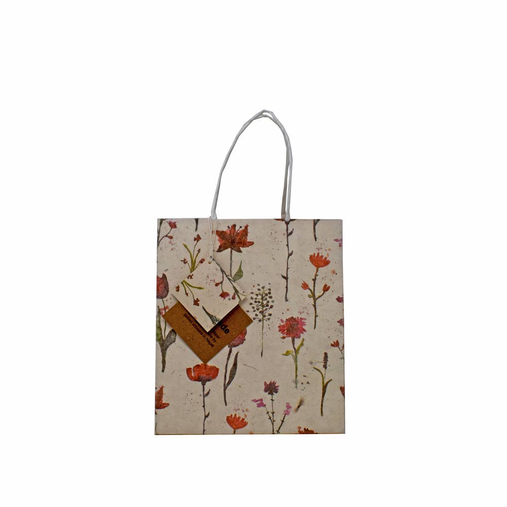 Handmade Lokta Paper Gift Bag Red flowers on Beige 2 Sizes