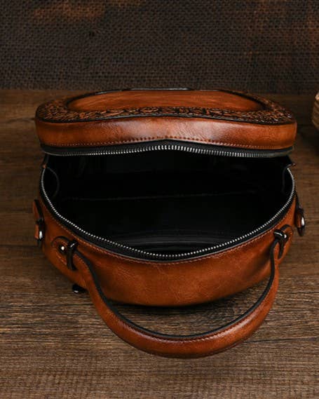 Vintage Embossed Round Crossbody Bag
