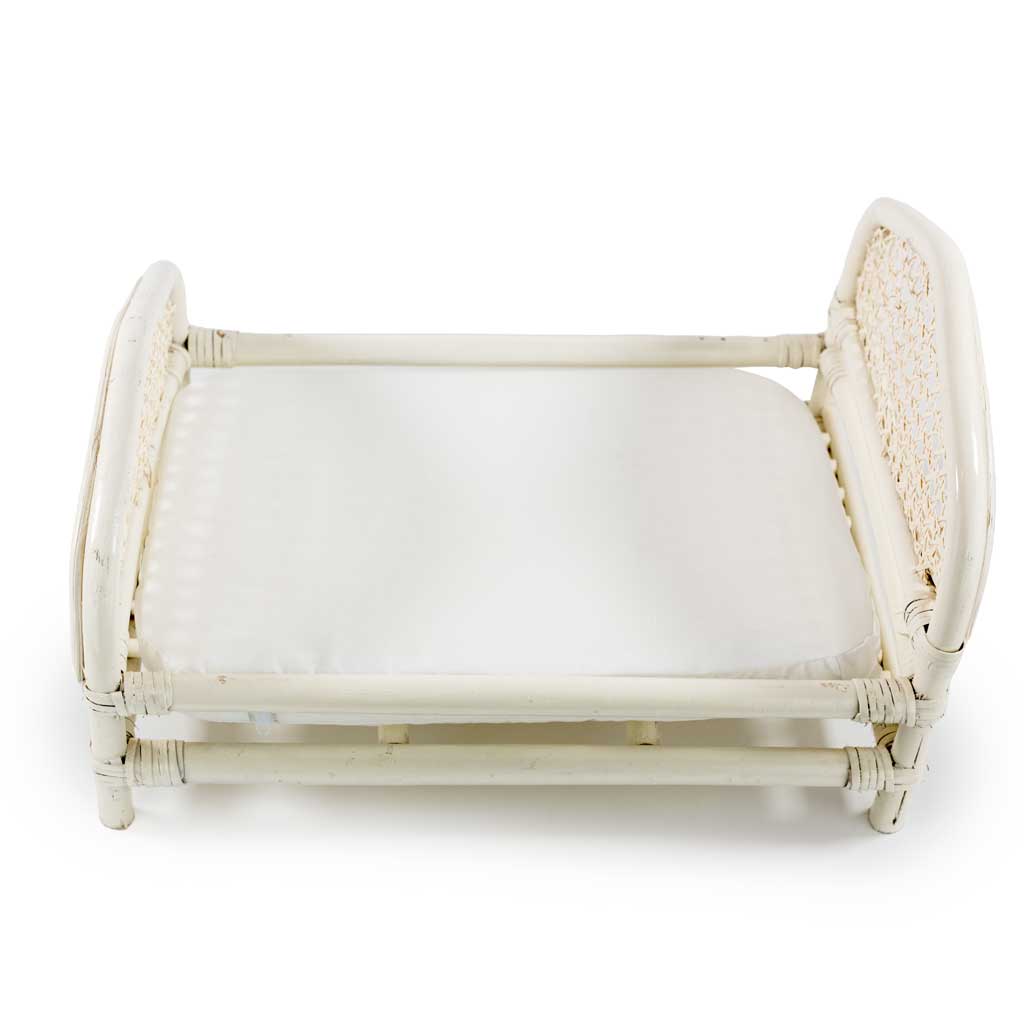 Doll bed vintage white rattan