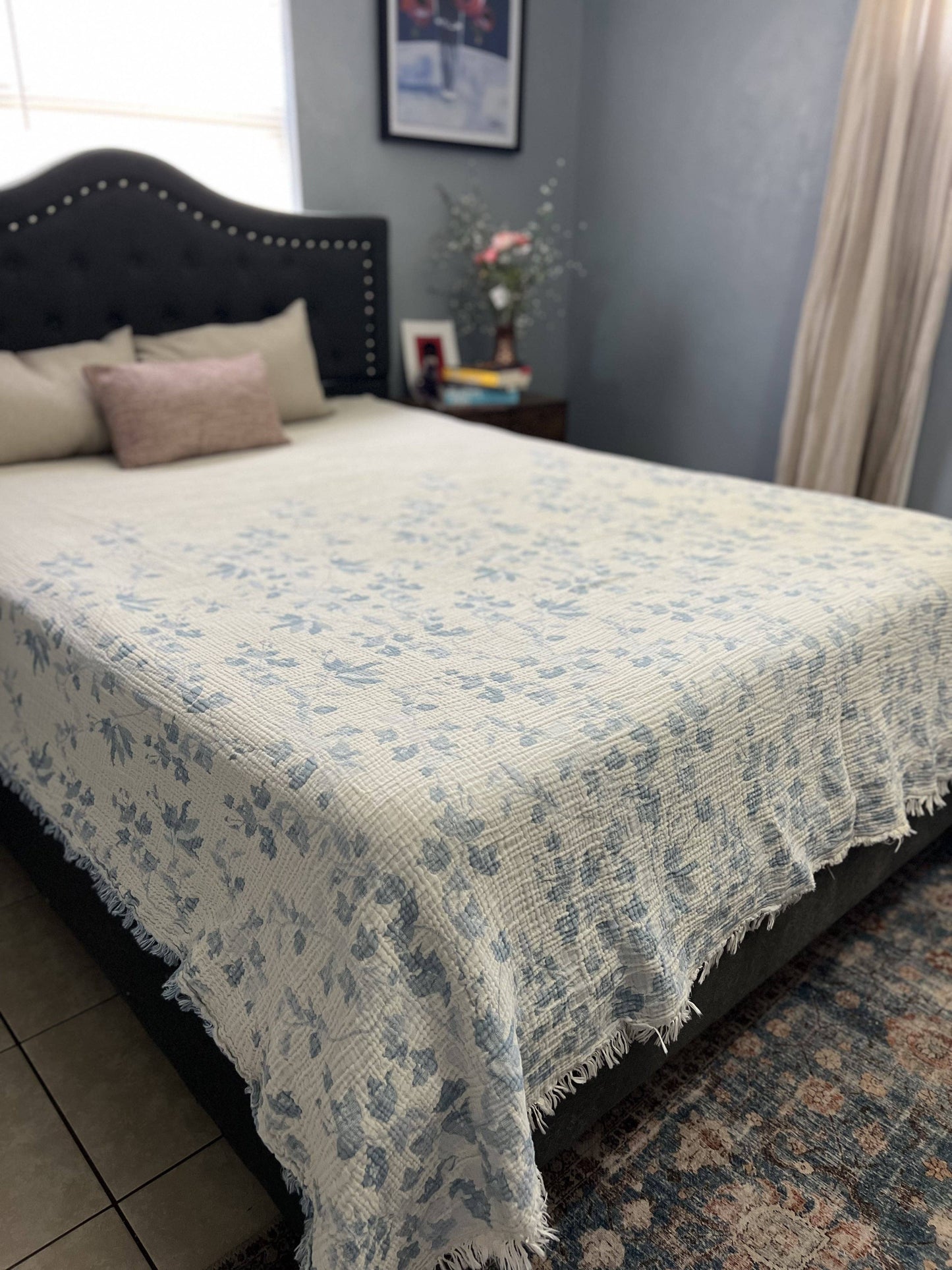 Bougainvillea  Blanket – Pale Sky Blue  |Queen