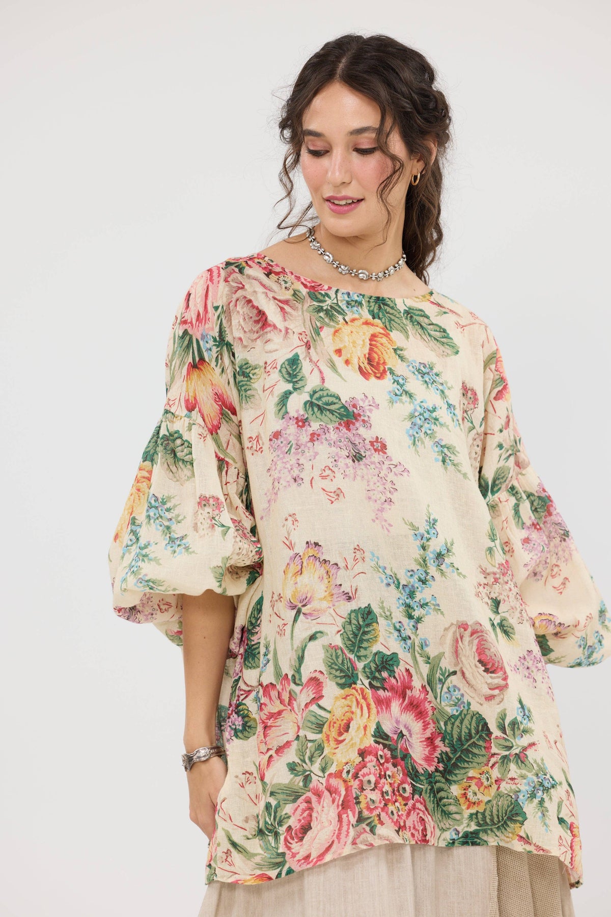 Florist. Linen and Cotton Botanical bouquet top in a fluid Romantic vintage inspired style.