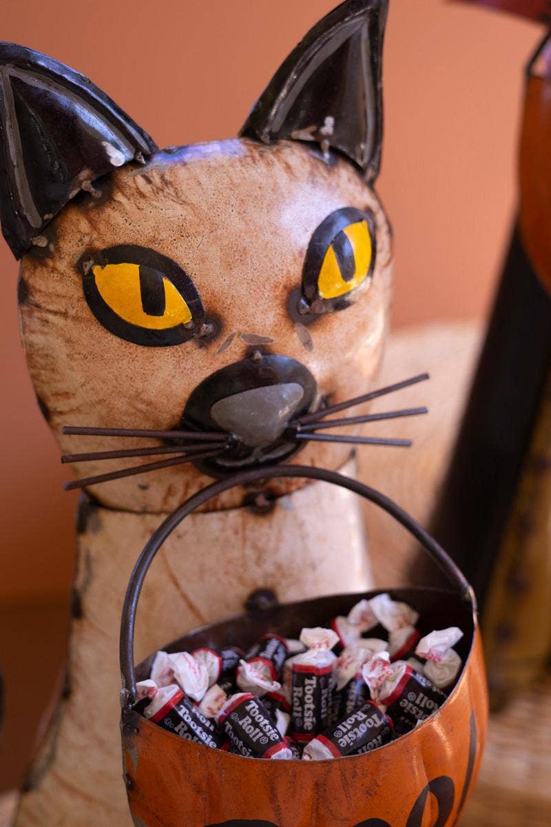 SET OF TWO RECYCLED METAL HALLOWEEN CAT AND  DOG