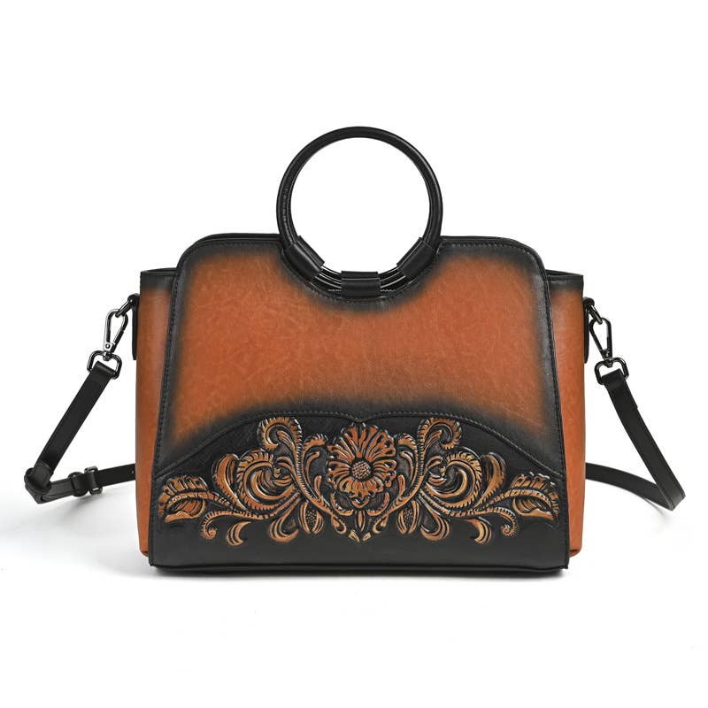 Embossed Leather Top Handle Satchel Bag with Round Handle
