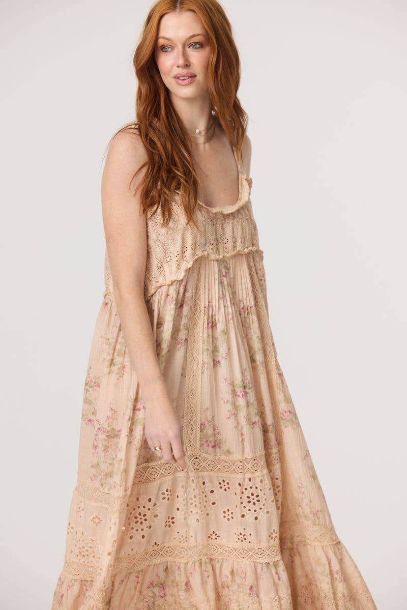 Madrigal Embroidered Floral & Lace maxi dress. Faded rose print.
