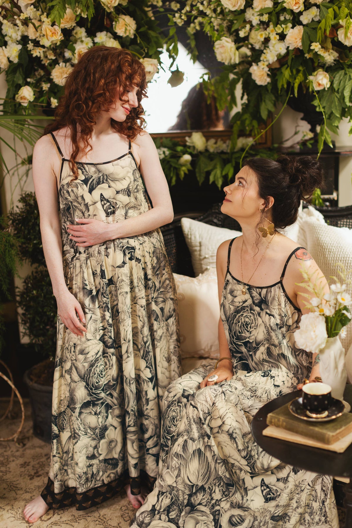 Honey & The Moon Bohéme Maxi Slip Dress w/ Florals & Bees