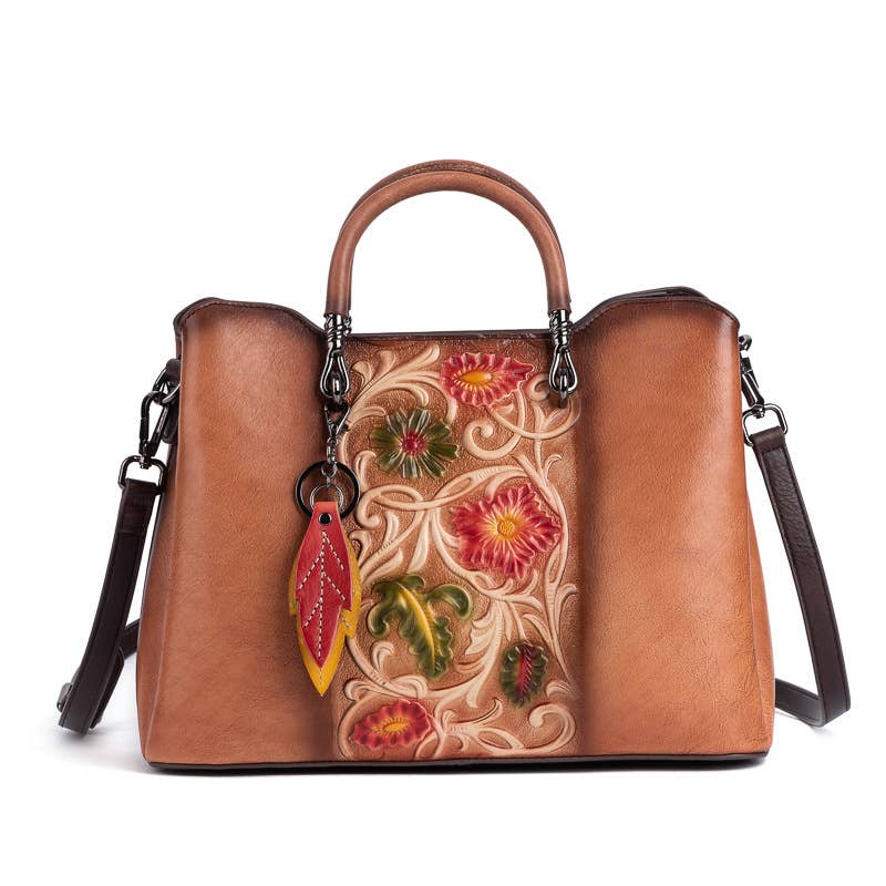 Floral Embossed Leather Handbag with Top Handle and Strap