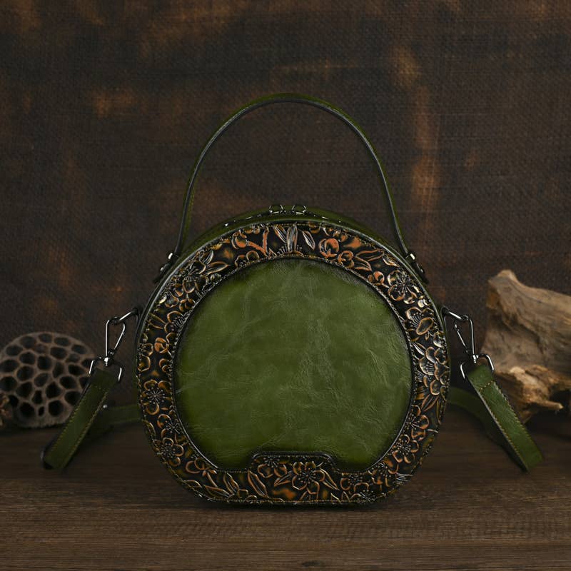 Vintage Embossed Round Crossbody Bag