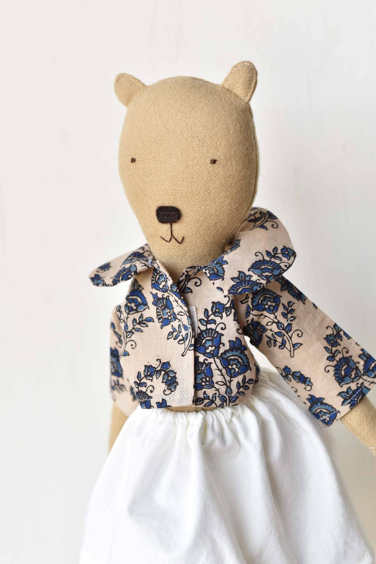 Agatha the Bear Doll-  Block Print Floral Shirt with skirt 