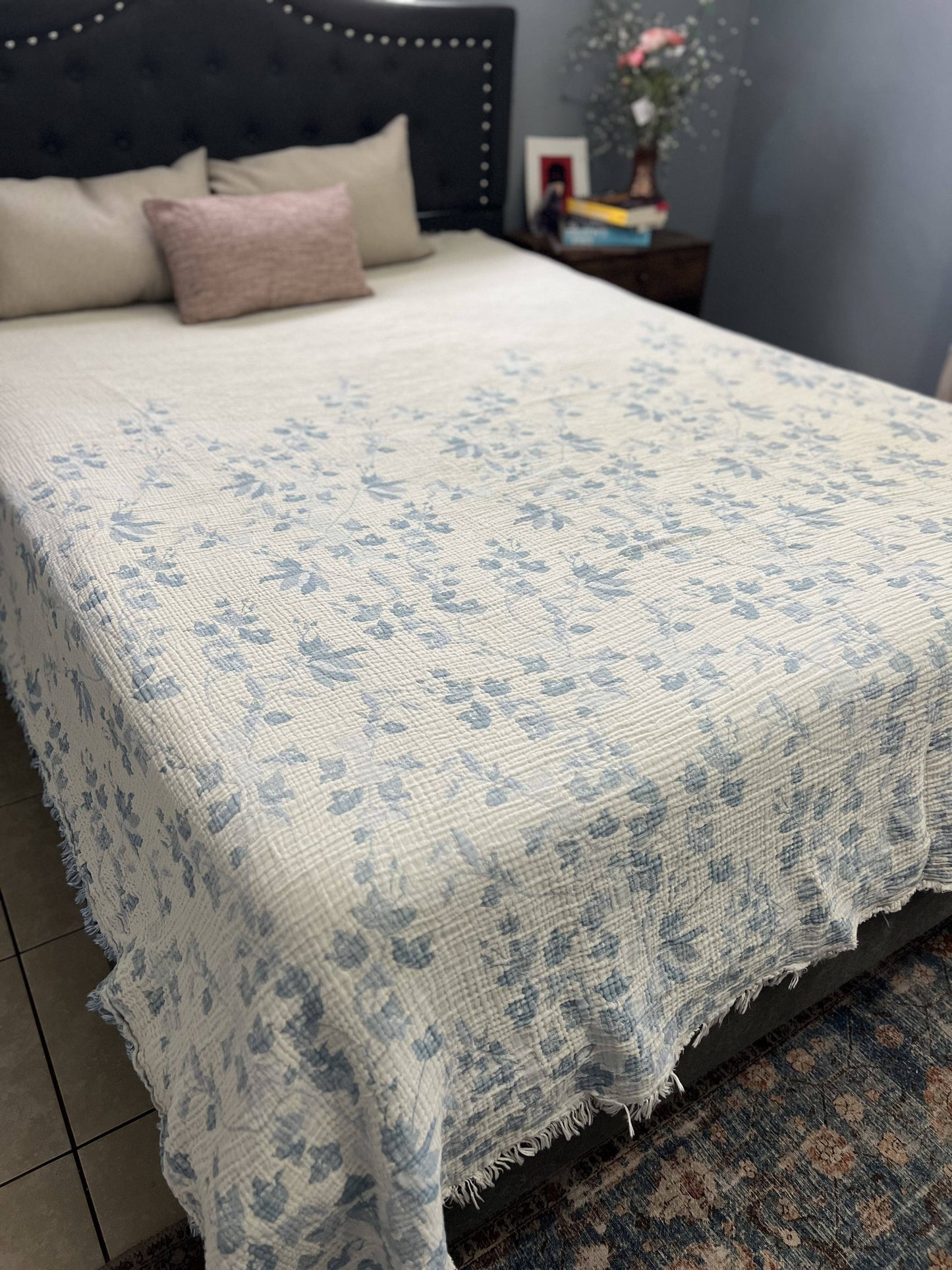Bougainvillea  Blanket – Pale Sky Blue  |Queen
