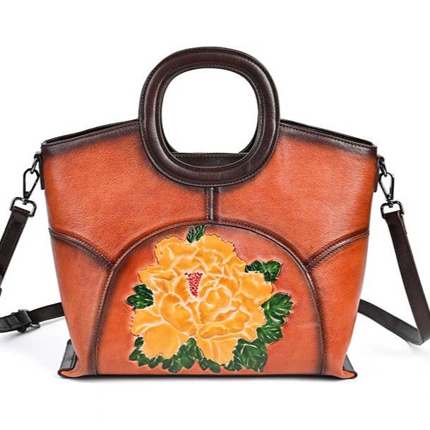 Hand-Painted Embossed Peony Genuine Leather Satchel