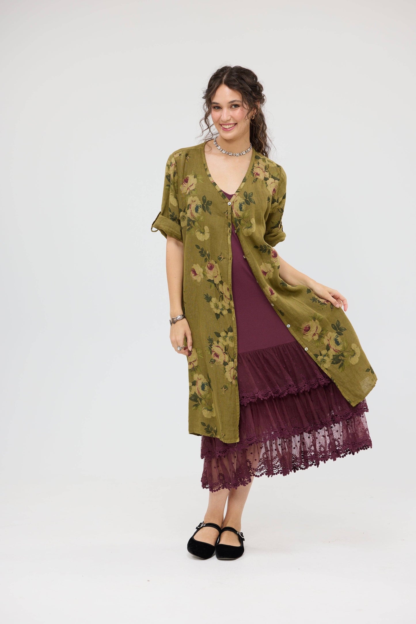 Abigail Linen Floral dress . Avocado green