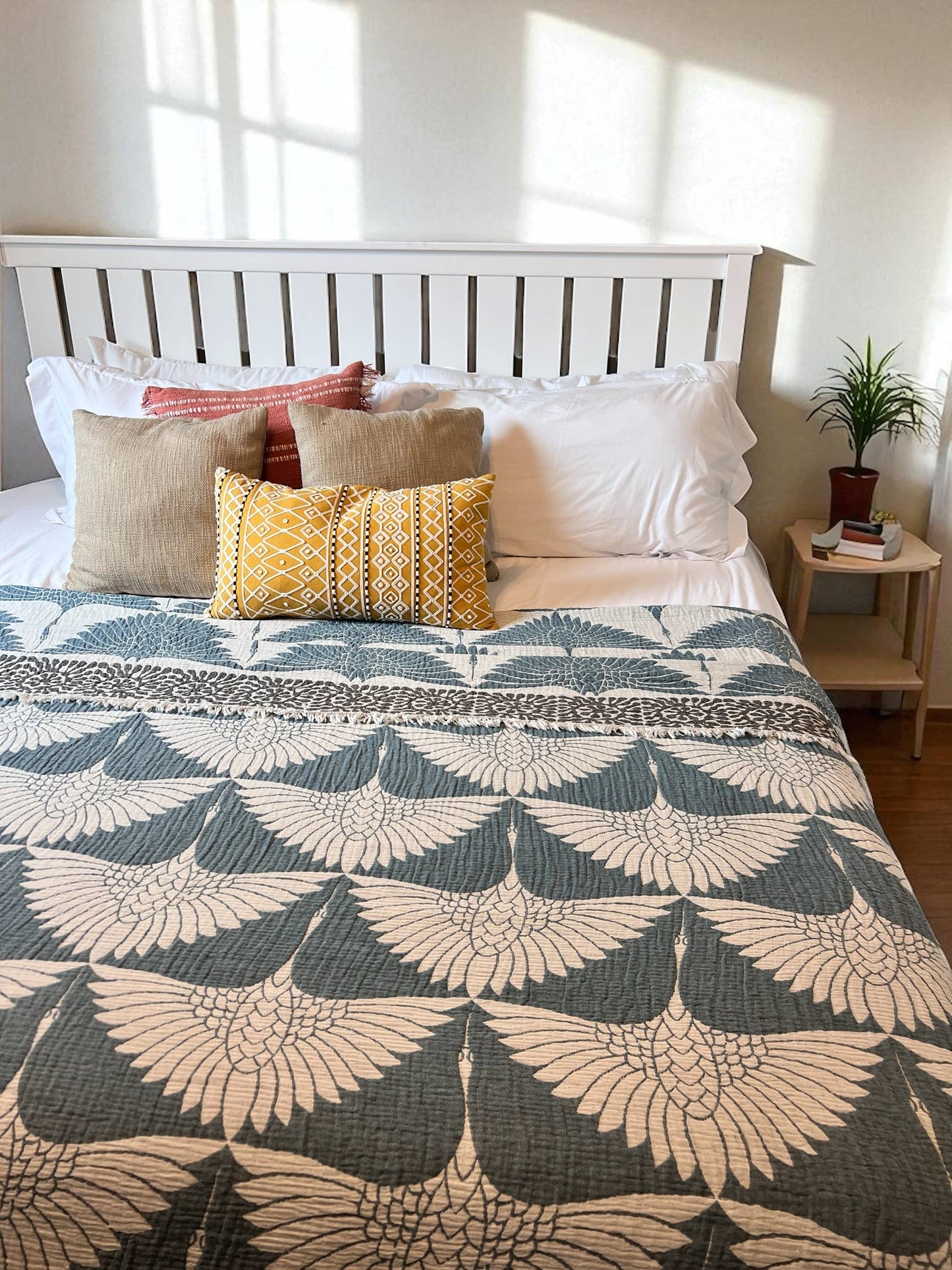 Crane Muslin Bed Blanket/Queen-King/ Adult Size Muslin Teal