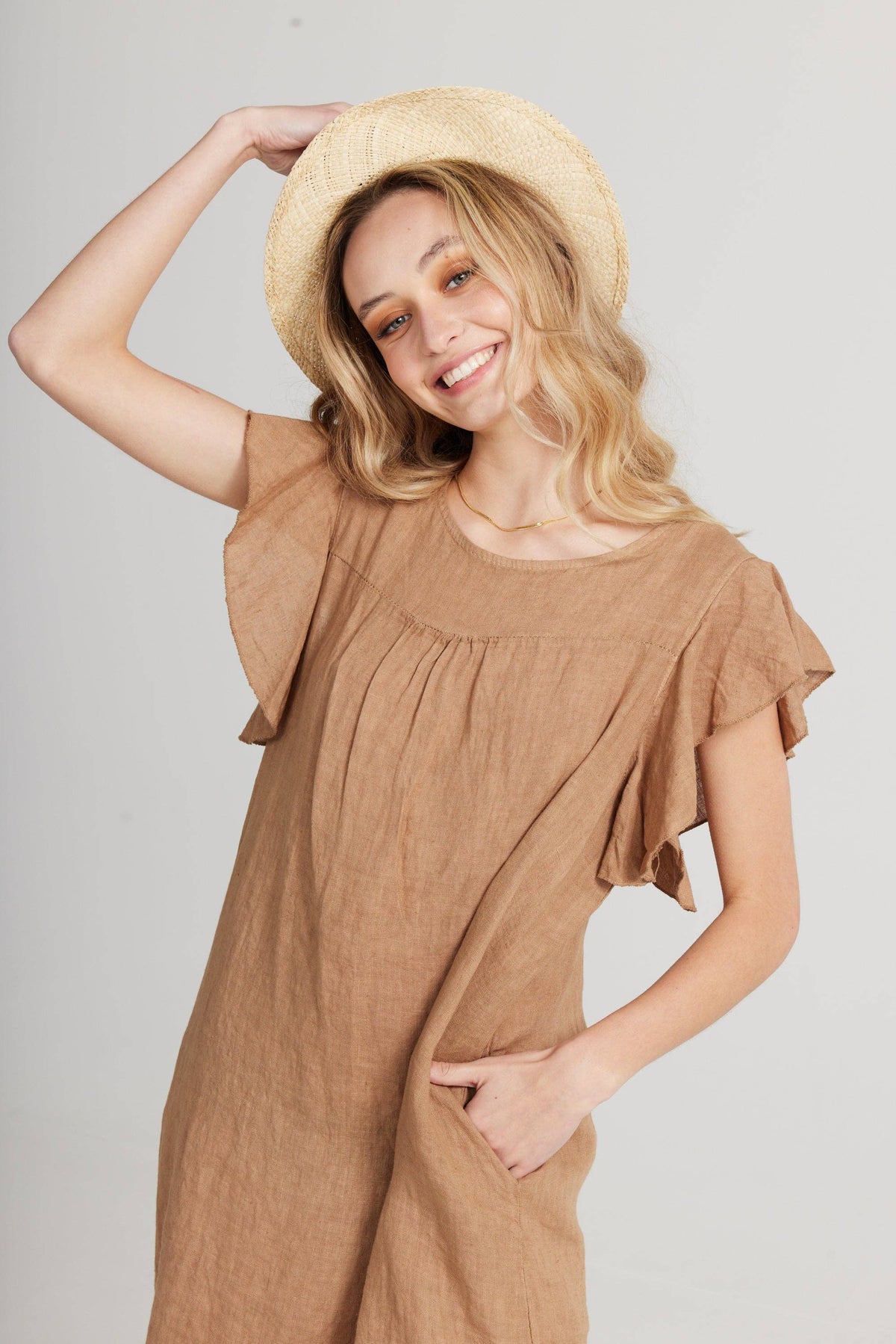 Poppy Linen dress with Ruffled sleeves