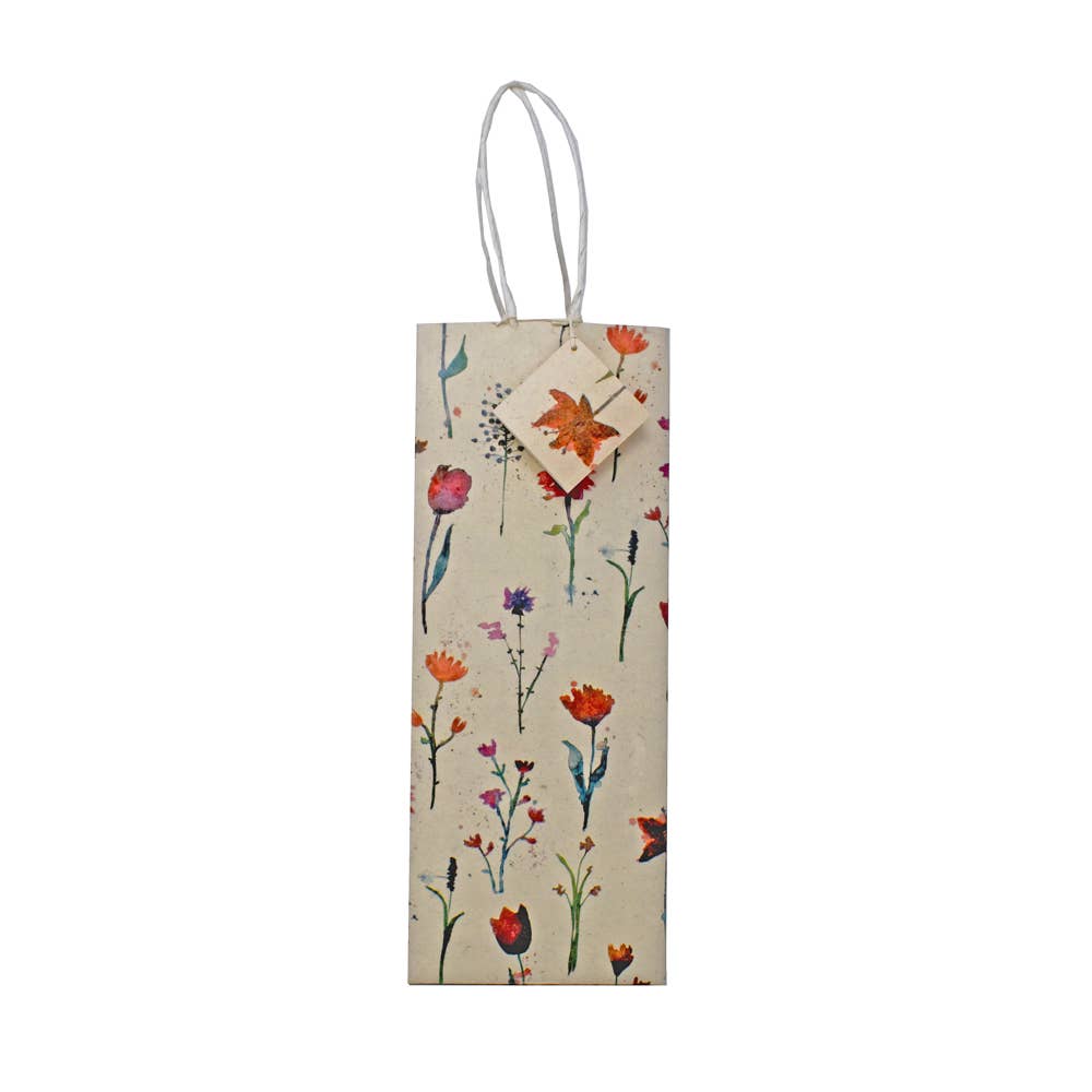 Handmade Lokta Paper Gift Bag Red flowers on Beige 2 Sizes