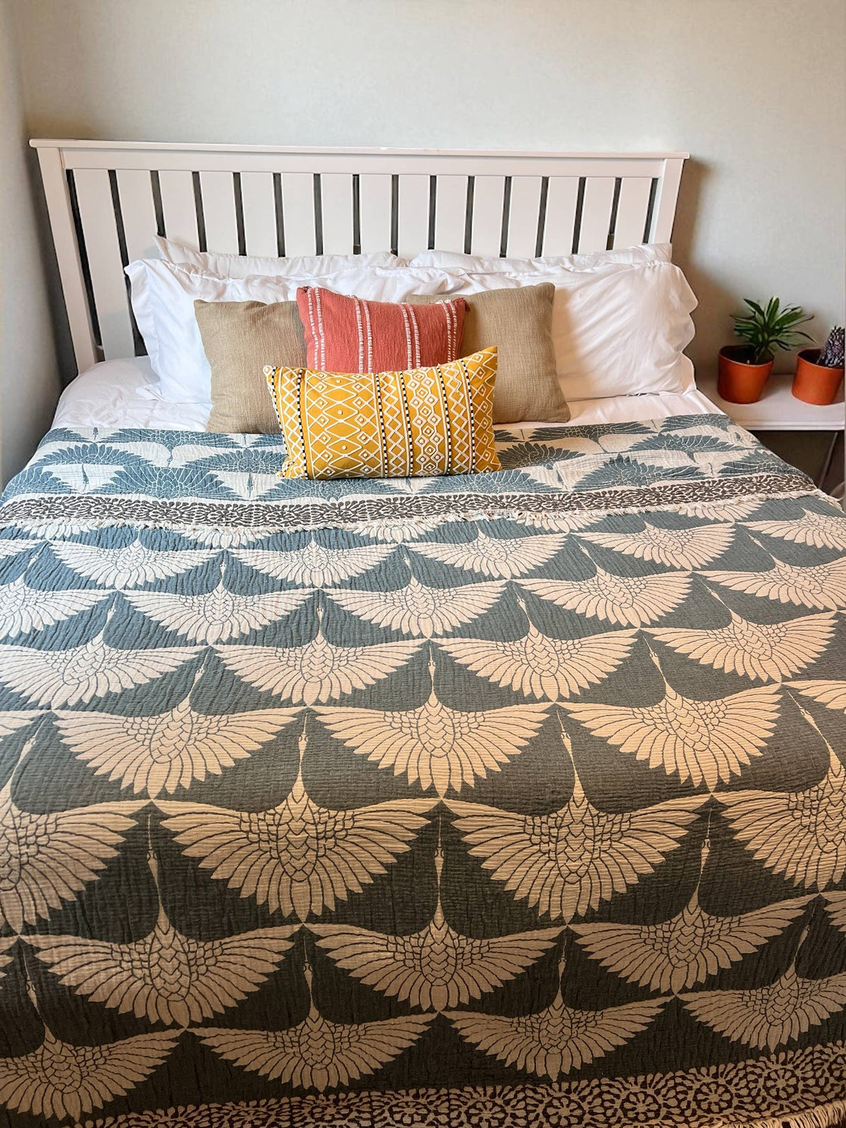 Crane Muslin Bed Blanket/Queen-King/ Adult Size Muslin Teal