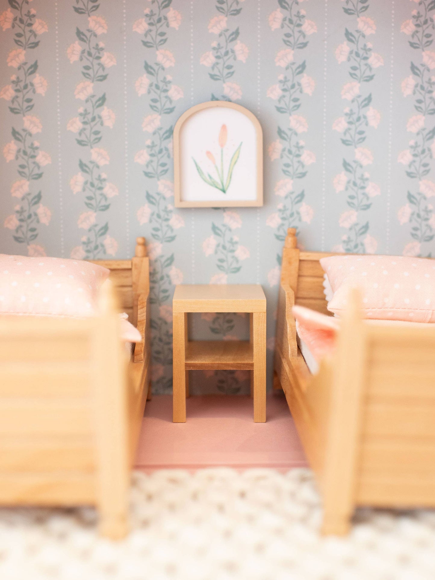 Dollhouse Side Table Nightstand with Shelf | Natural Wood