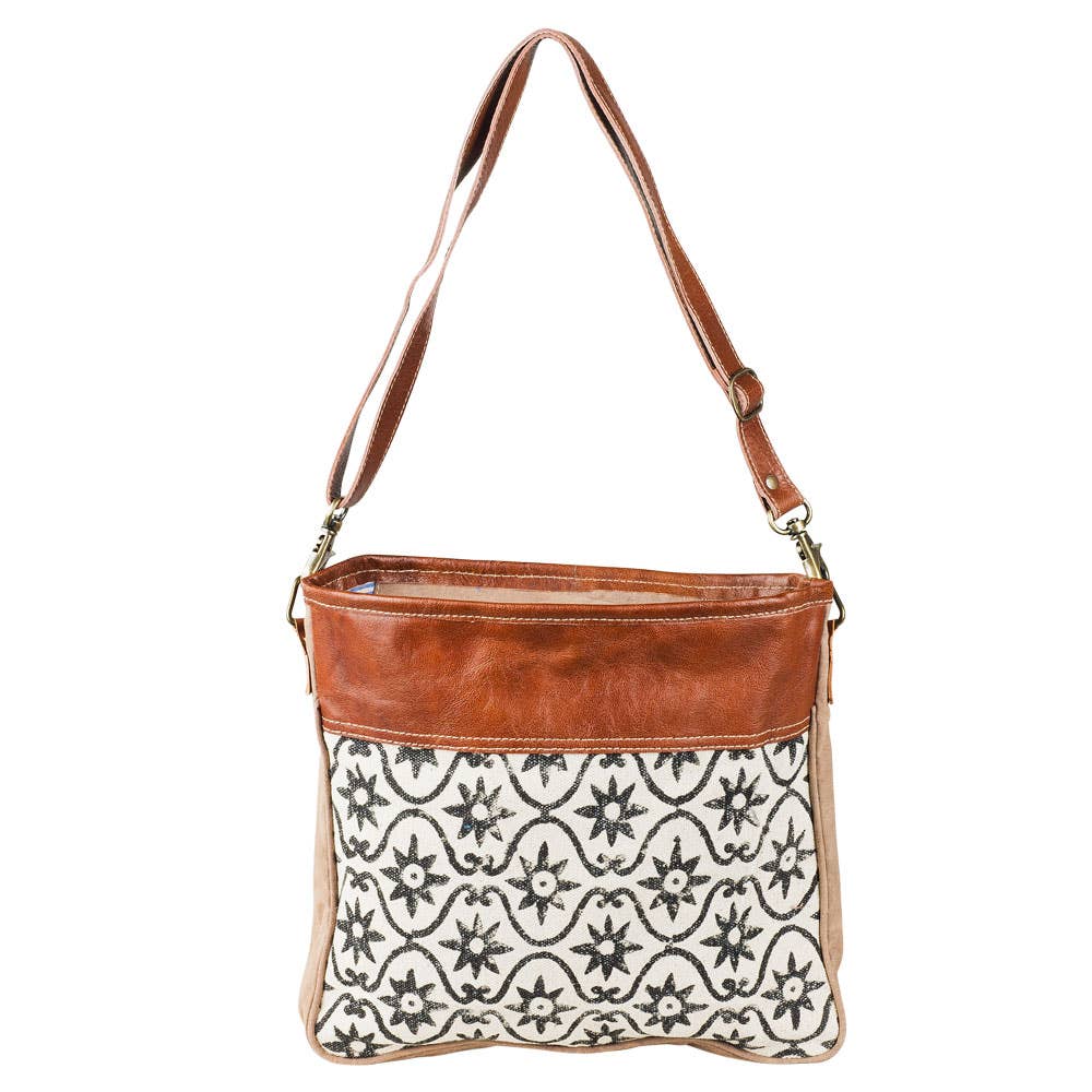Vintage Tapestry Fabric With Leather Trim And Zipper Closure