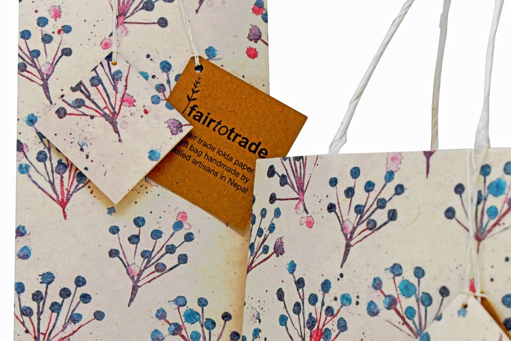 Handmade Lokta Recycled Paper Gift Bag Blue flowers