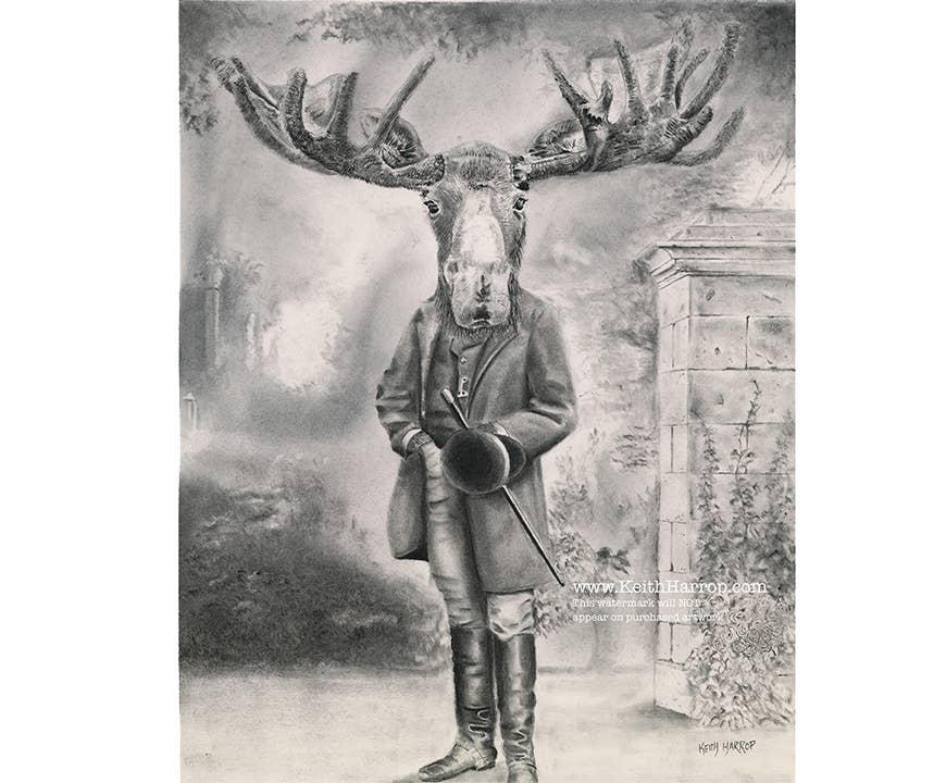 Print (signed): #34 Moose.  Pencil art. Vintage style