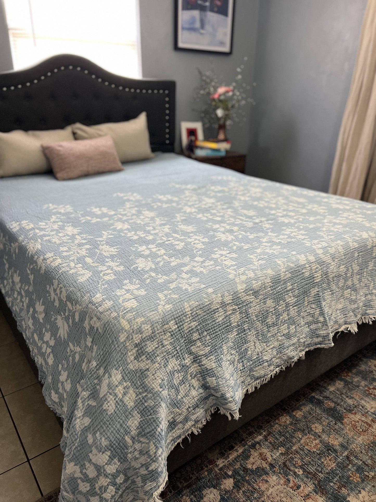 Bougainvillea  Blanket – Pale Sky Blue  |Queen