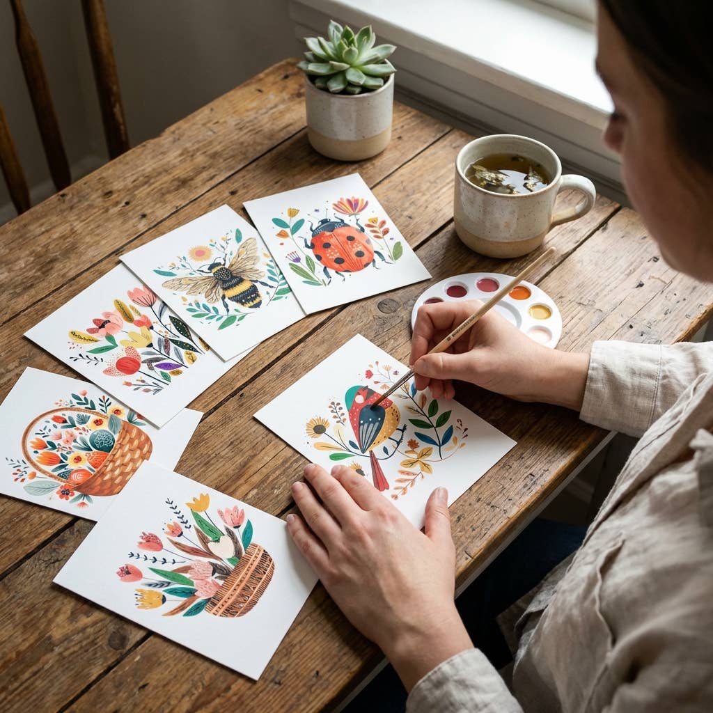 All in One Watercolor Prints/ Postcards : Spring Folk Art