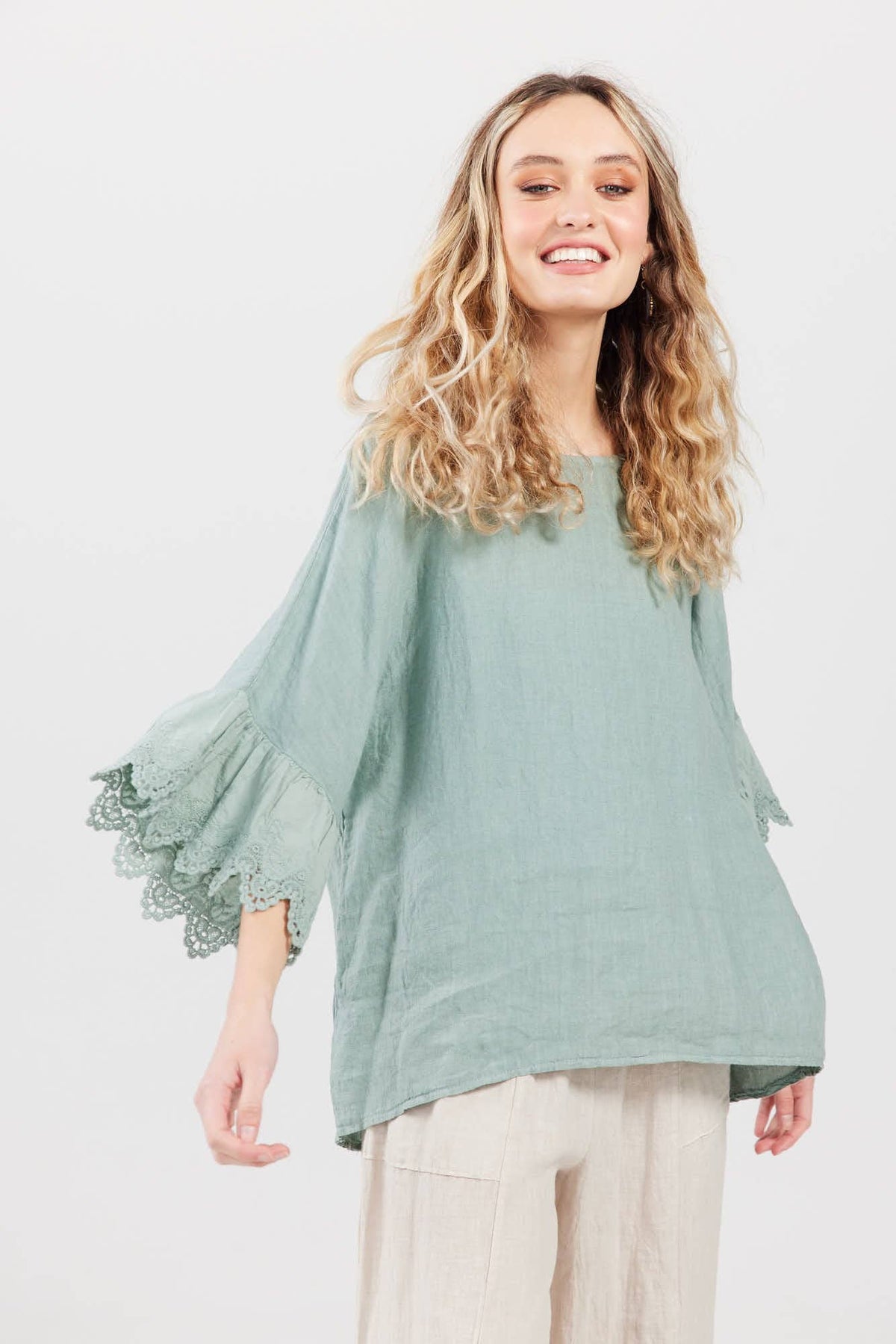 Ellie lace ruffled sleeve top. Pastel Sage green
