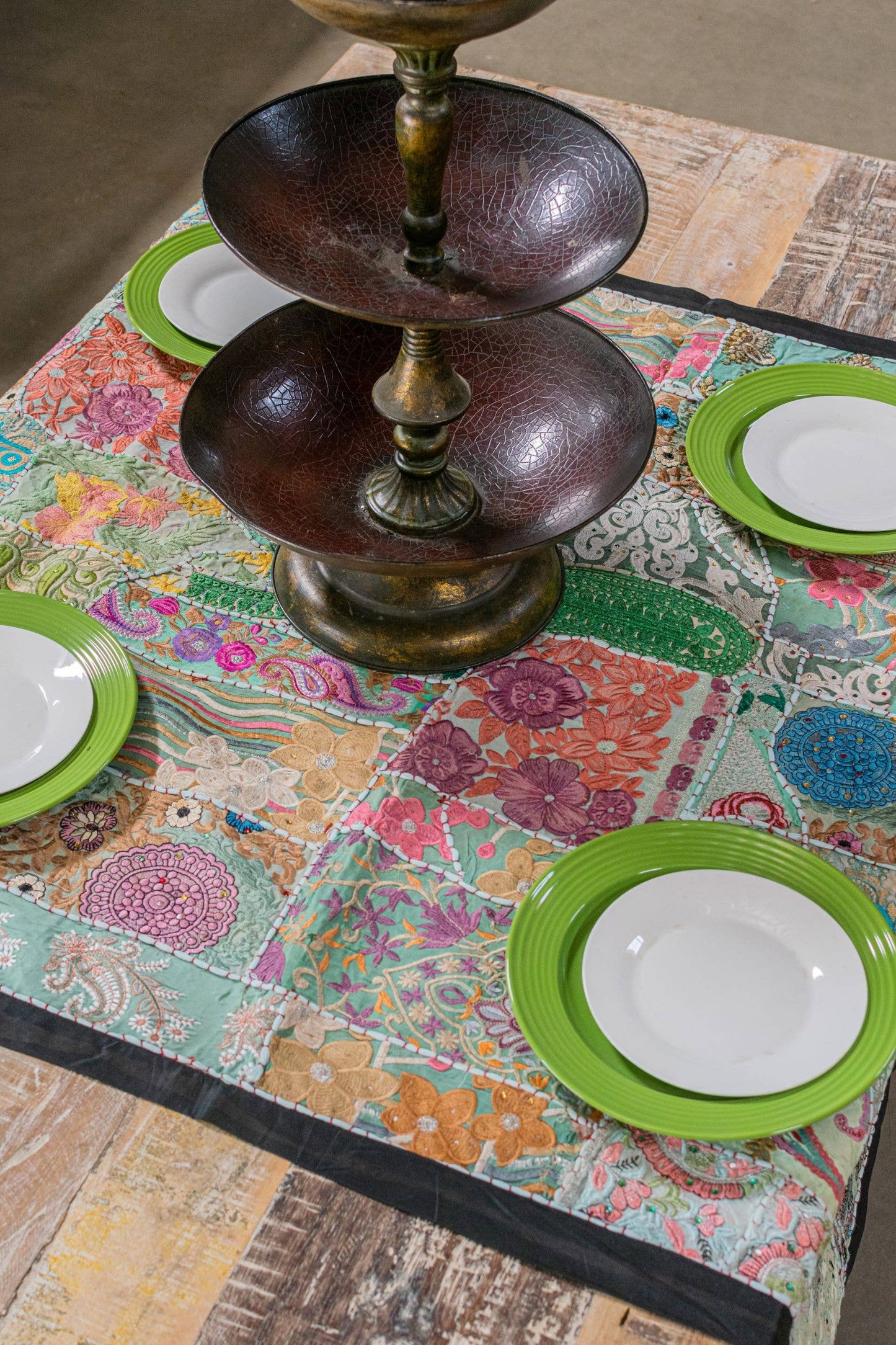 One of A Kind Vintage Textile Table Runner/Cover-Black Trim