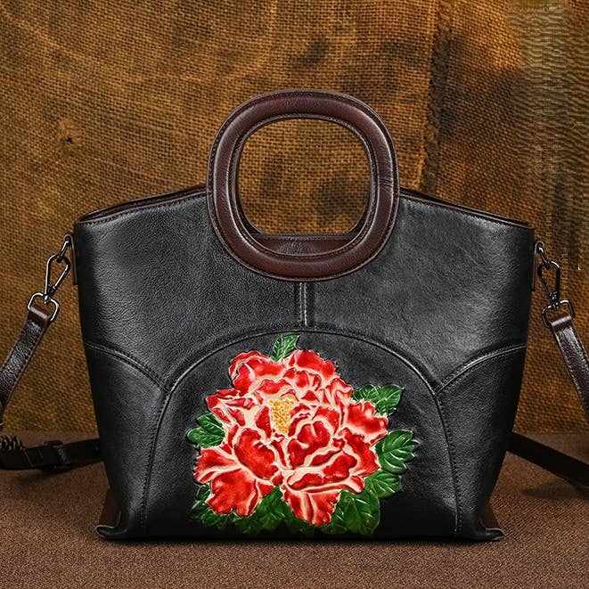 Hand-Painted Embossed Peony Genuine Leather Satchel