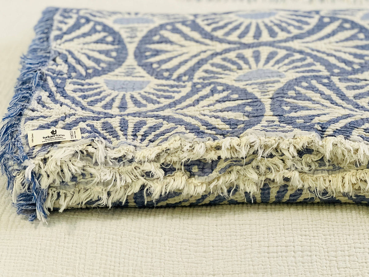 Ginkgo Muslin Bed Blanket/Queen-King/ Blue
