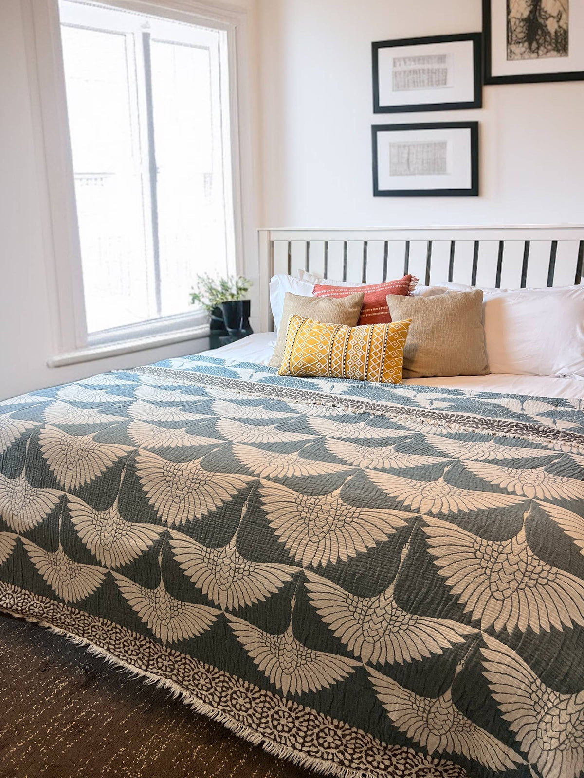 Crane Muslin Bed Blanket/Queen-King/ Adult Size Muslin Teal