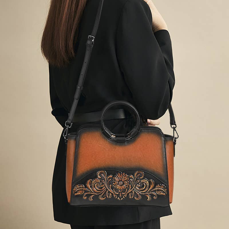 Embossed Leather Top Handle Satchel Bag with Round Handle