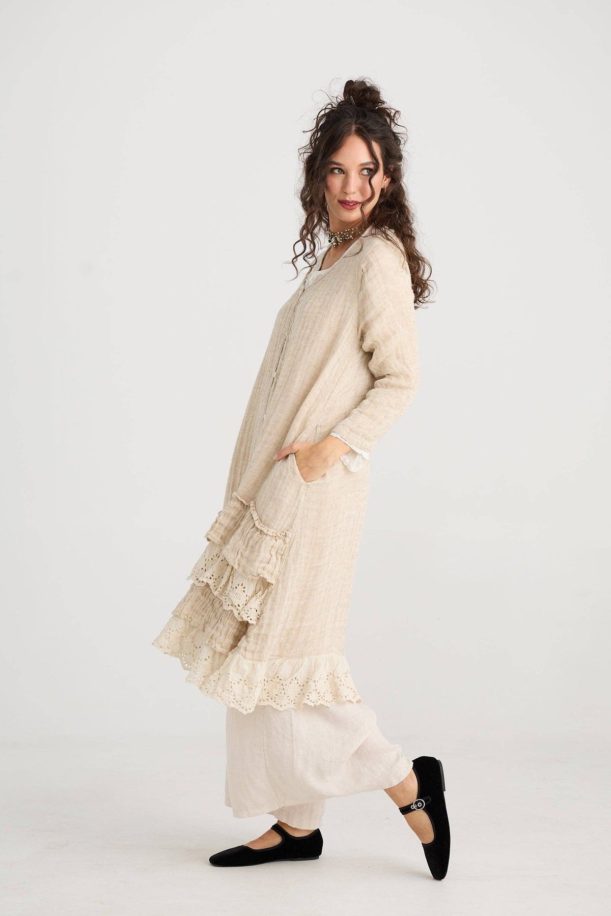 Florette Linen and Lace long Coat . Coconut