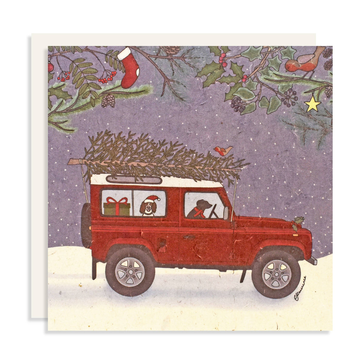 Emma Lawrence Landrover & Dogs Christmas Card - Recycled