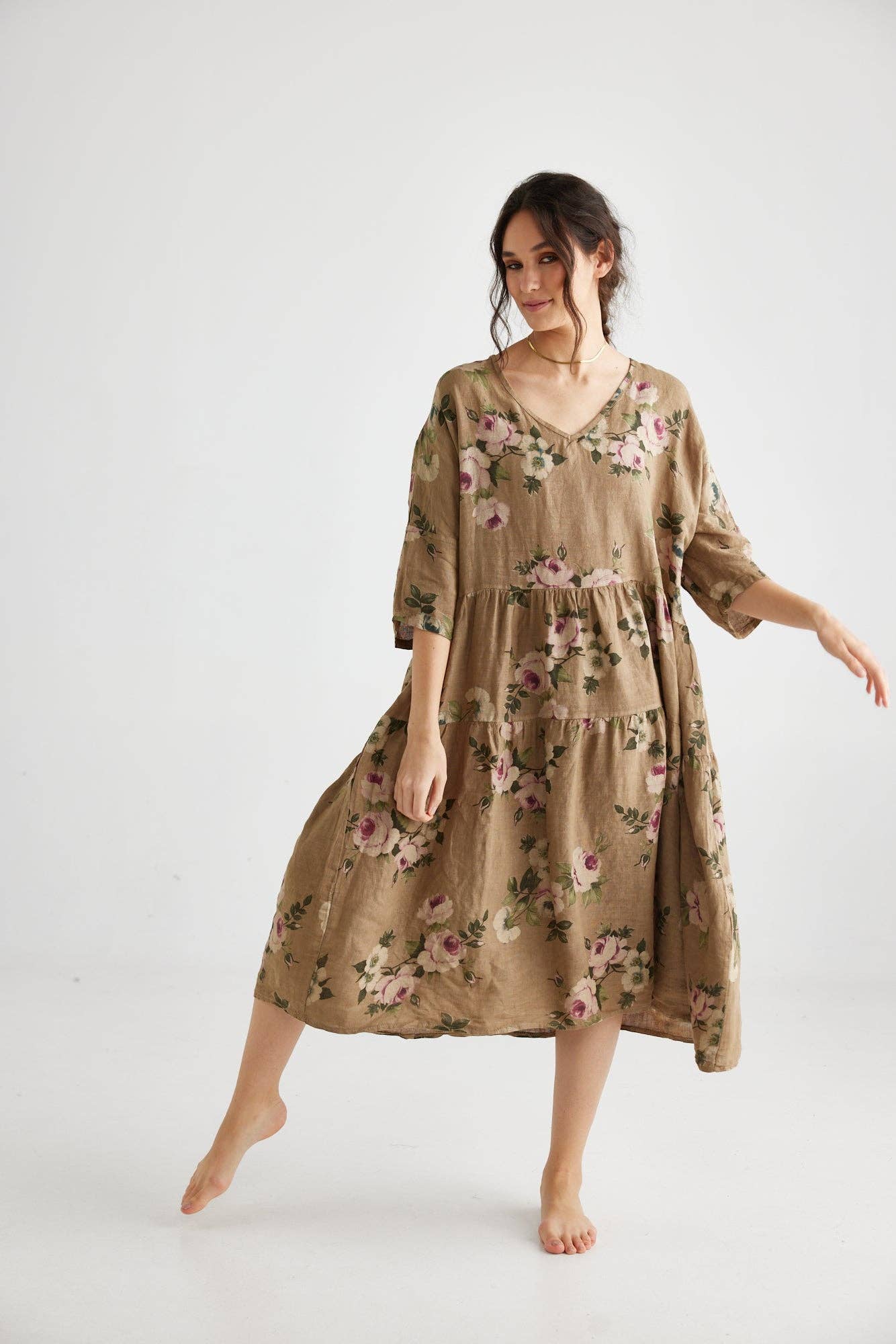 Stella Floral Linen dress. Olive Branch Rose