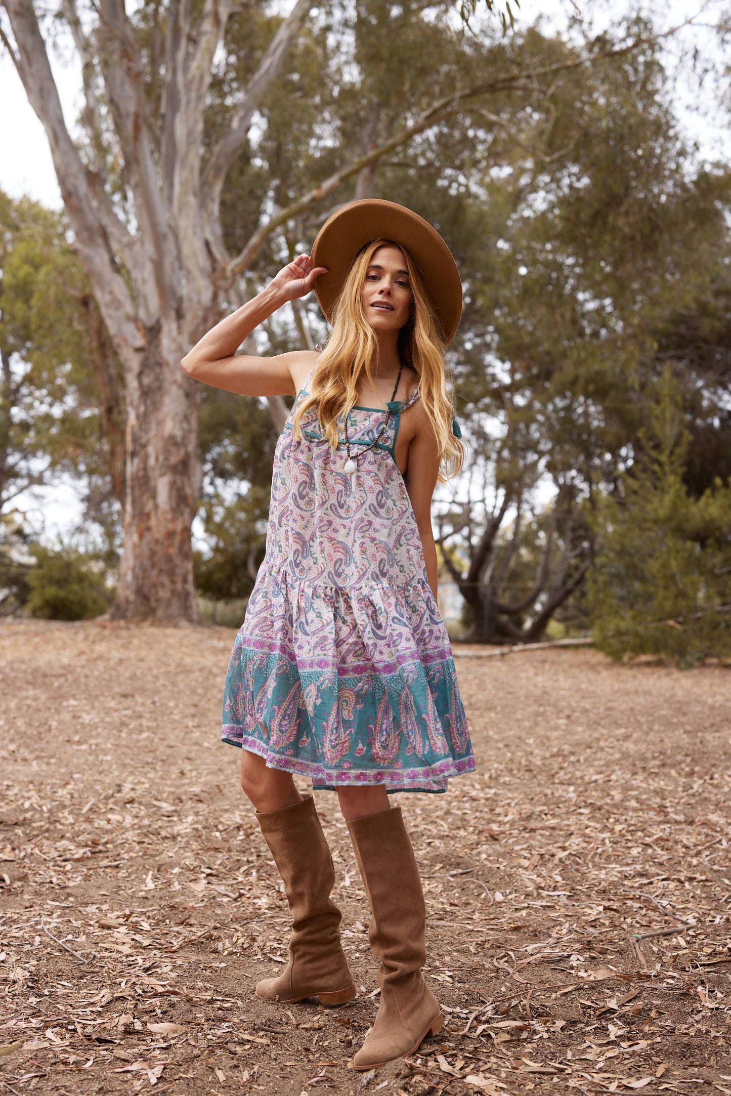 Betsy Printed Short Tank Dress With Tassels Teal