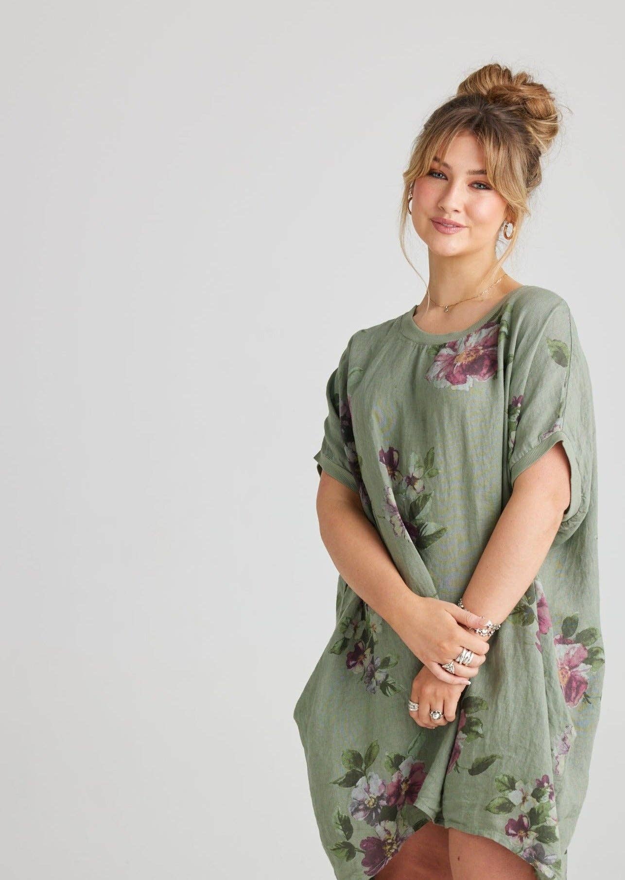 Rosabella linen dress. Olive Floral