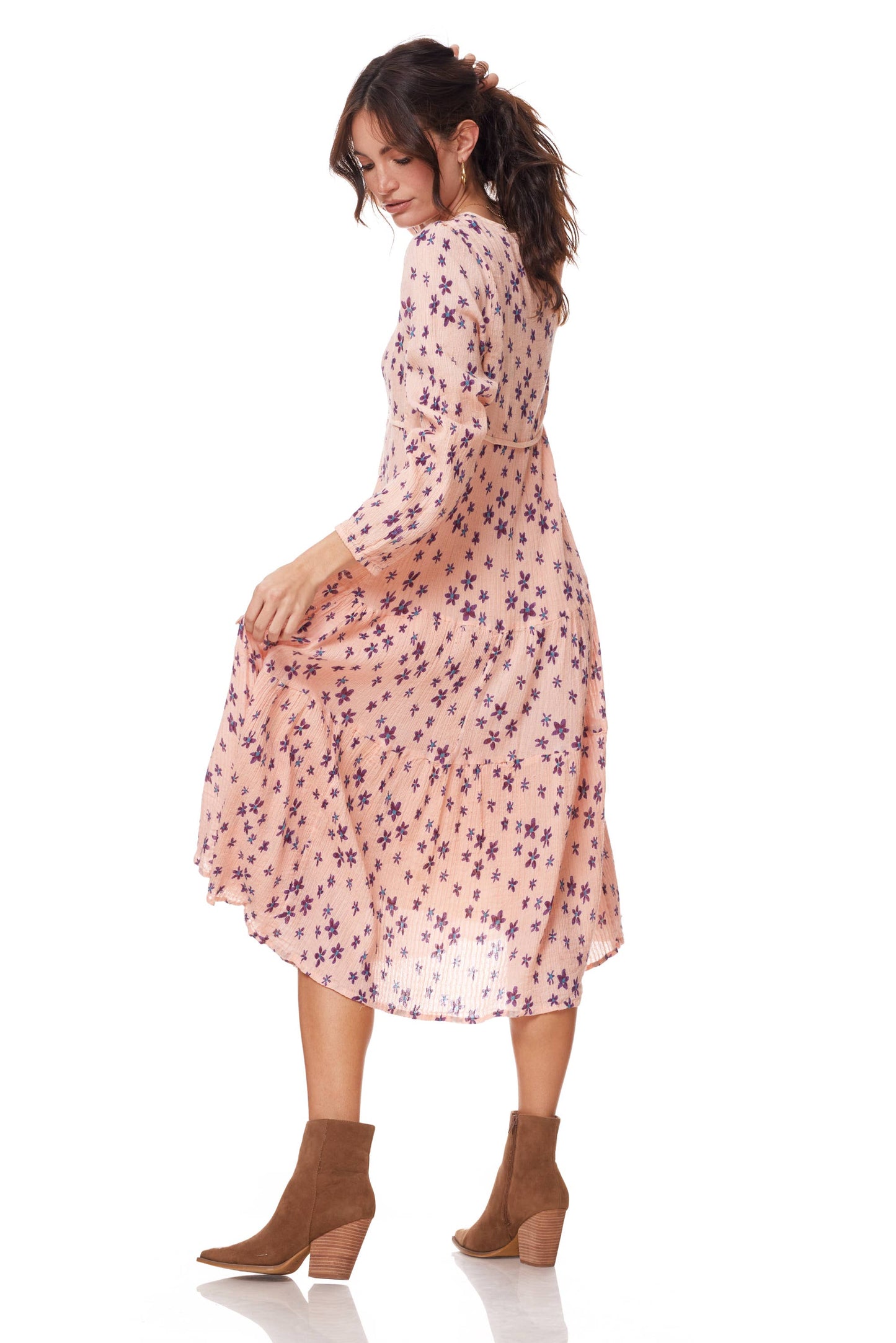 Marisa Printed Midi Dress Long Sleeves With Tassels Coral