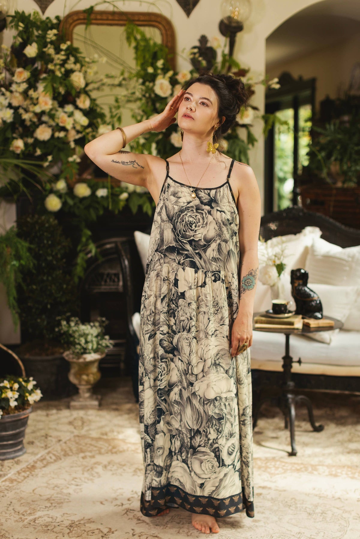Honey & The Moon Bohéme Maxi Slip Dress w/ Florals & Bees