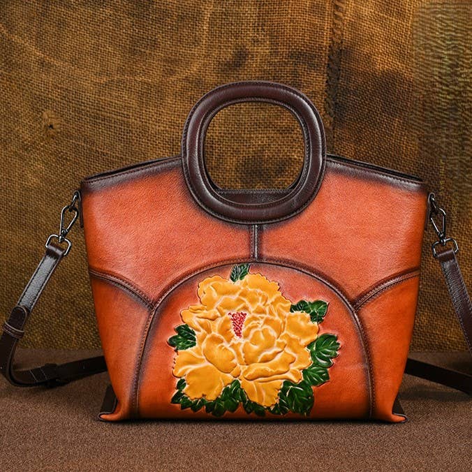 Hand-Painted Embossed Peony Genuine Leather Satchel