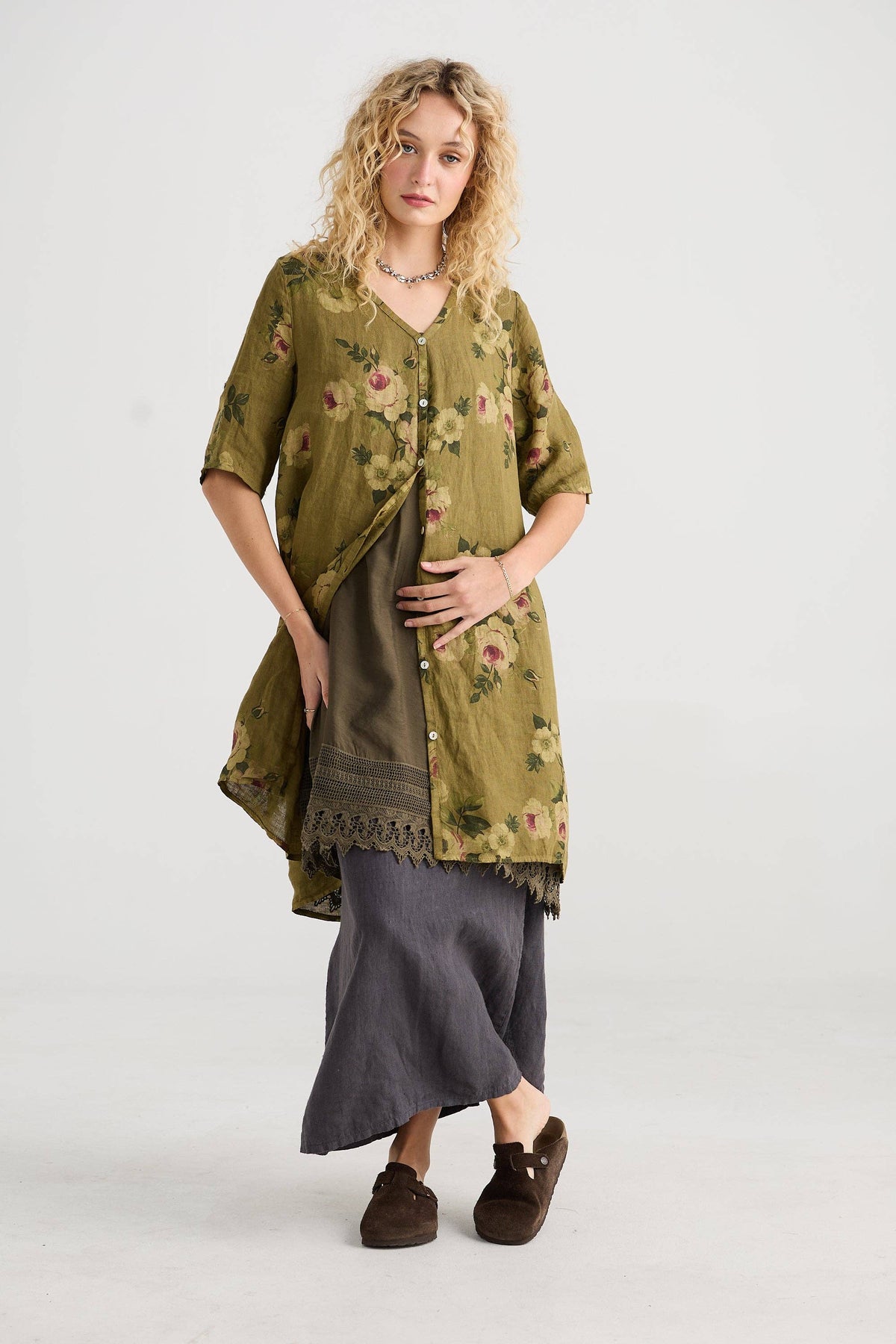 Abigail Linen Floral dress . Avocado green