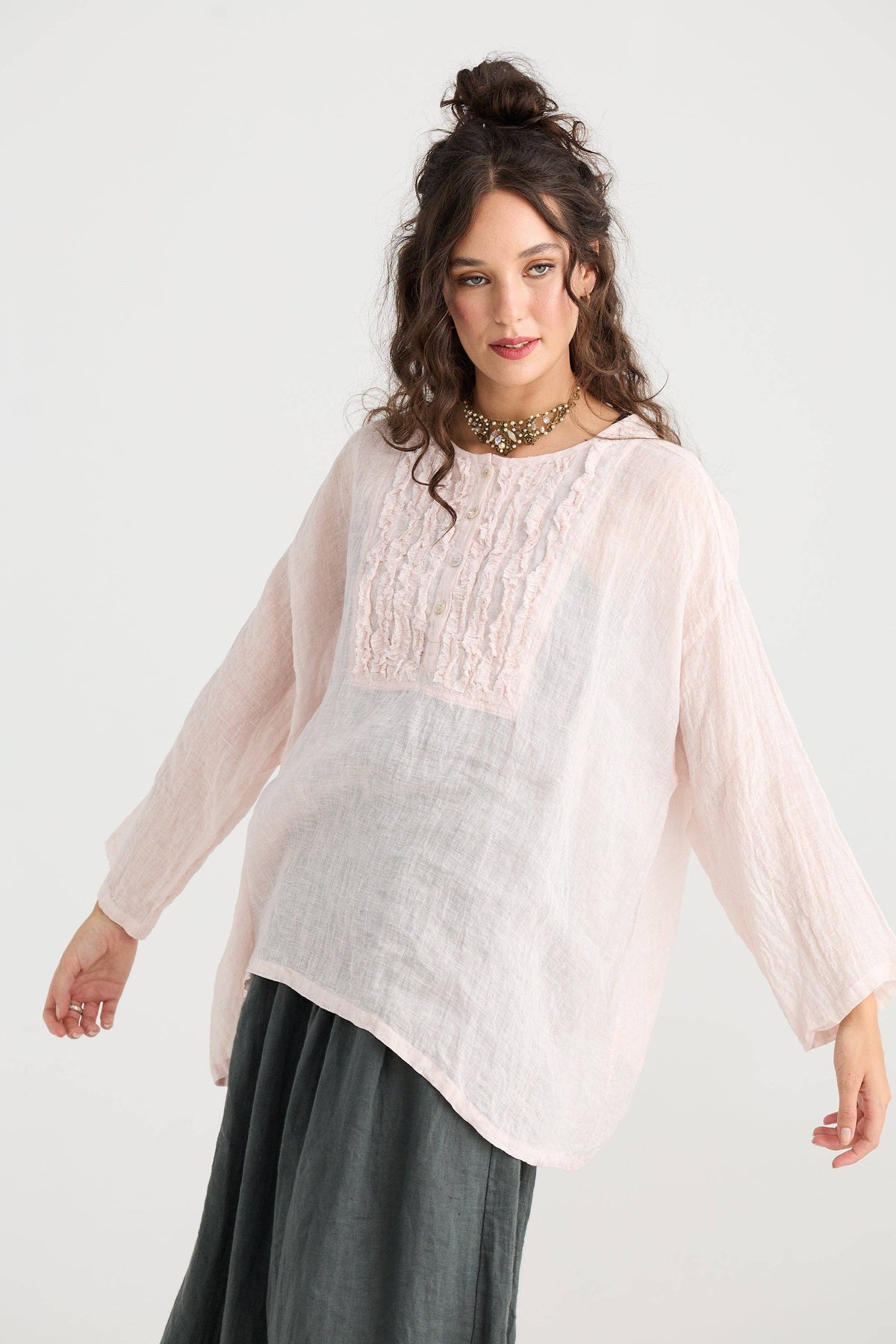 Florian Linen Gauze ruffled top. Pink Sugar
