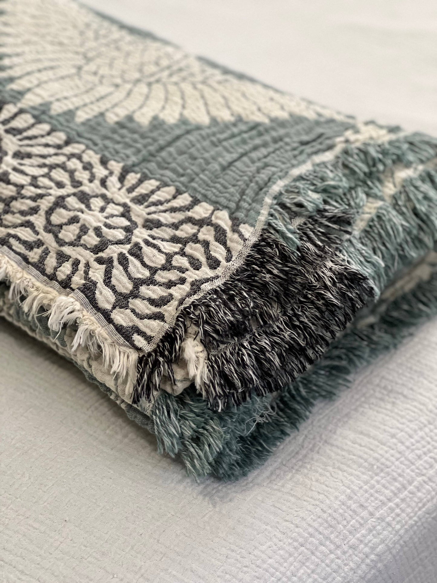 Crane Muslin Bed Blanket/Queen-King/ Adult Size Muslin Teal
